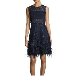 Elie Tahari Annabelle Feather-Trimmed Embellished Gauze Dress Navy Blue 0